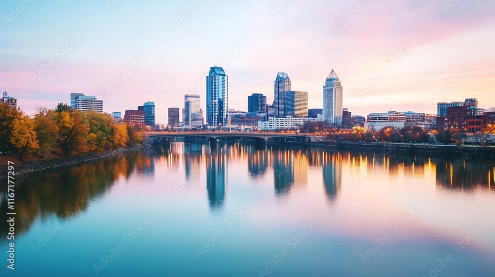 Obraz premium Majestic City Skyline Reflecting in Serene River at Dusk