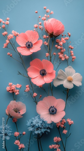 Colorful arrangement of pink and blue flowers on a vibrant blue background
