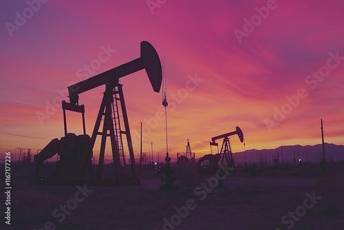 Silhouette of oil pumps at a colorful sunset.