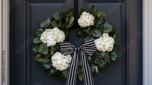 Beautiful floral wreath with white hydrangeas and greenery on a dark blue door