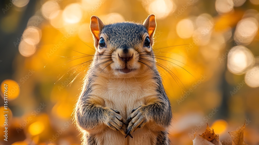 Cute squirrel standing upright in a golden autumn background with warm sunlight, bokeh effect, and detailed fur, capturing a curious expression in a natural habitat. Cute squirrel standing upright in a golden autumn background with warm sunlight, bokeh effect, and detailed fur, capturing a curious expression in a natural habitat.