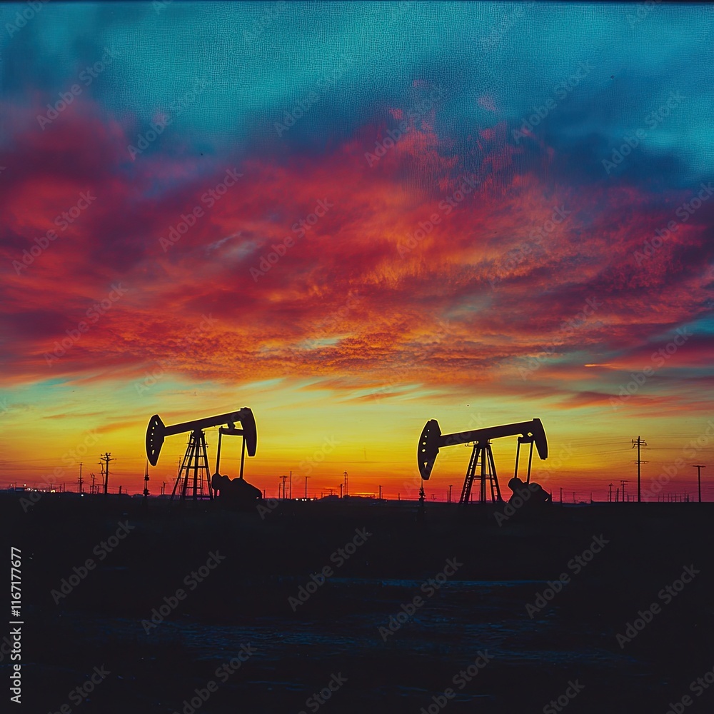 Silhouette of oil pumps at a colorful sunset. Silhouette of oil pumps at a colorful sunset.