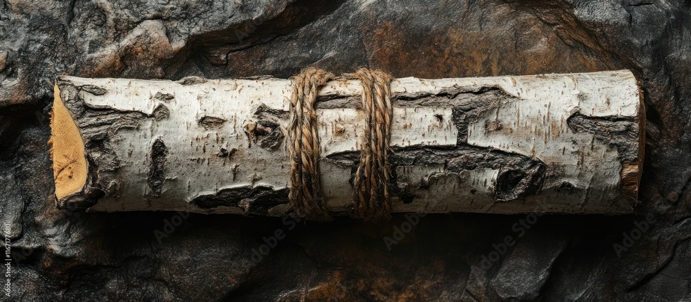 Closeup of a weathered and rugged wooden log with natural rope wrapped around it resting in a rustic natural environment The log has a textured organic pattern and aged appearance creating an earthy Closeup of a weathered and rugged wooden log with natural rope wrapped around it resting in a rustic natural environment The log has a textured organic pattern and aged appearance creating an earthy