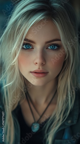 Captivating portrait of a young woman with striking blue eyes and flowing blo...