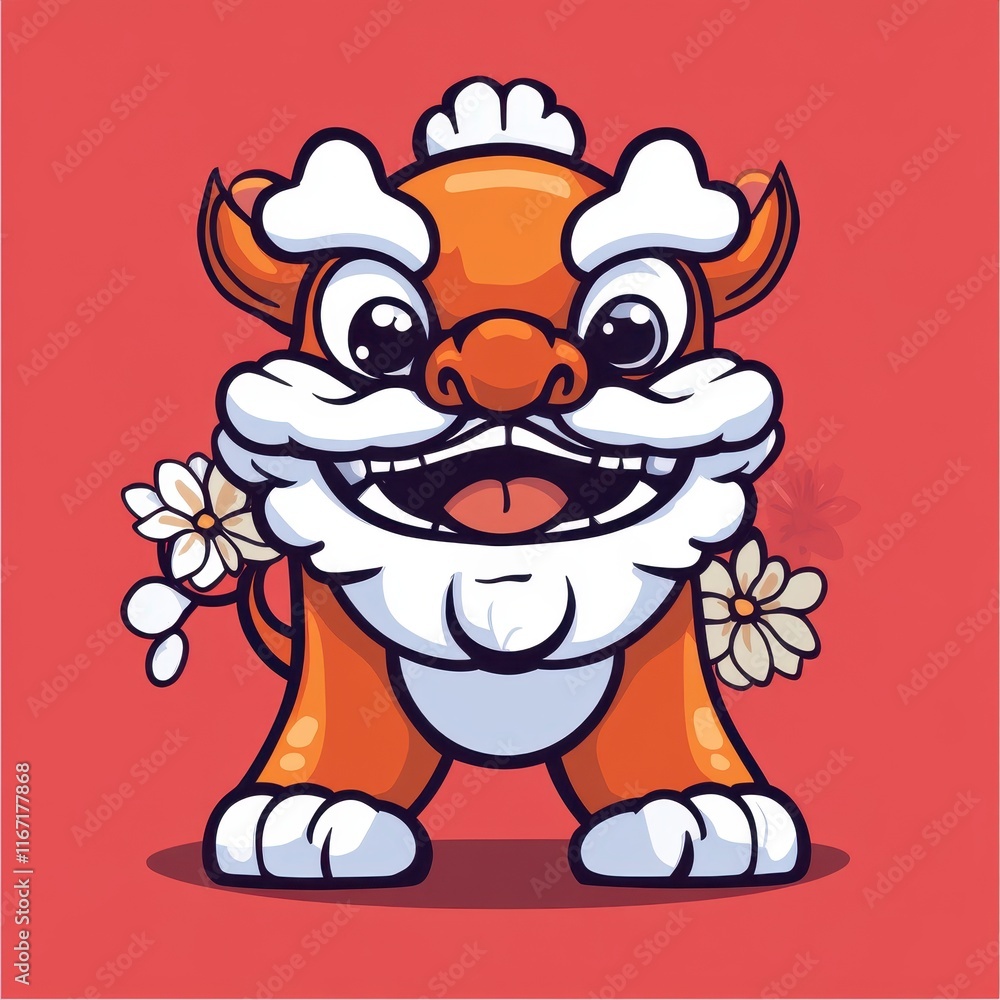 Obraz premium Adorable Cartoon Lion Dance Figure with Flower Accents Against a Bright Red Background, Perfect for Celebrating Cultural Festivals and Events