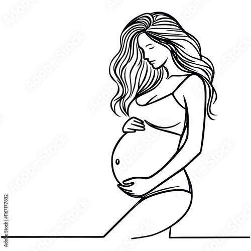 Pregnant woman, one line art. Continuous line drawing of pregnancy, motherhood, preparation for childbirth.
