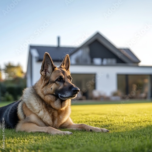 German Shepherd relaxing on green lawn in front of modern house during sunny day