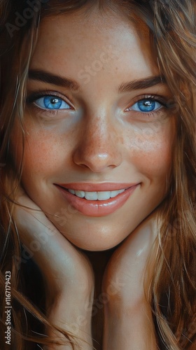Beautiful woman with blue eyes and freckles smiling softly in natural light