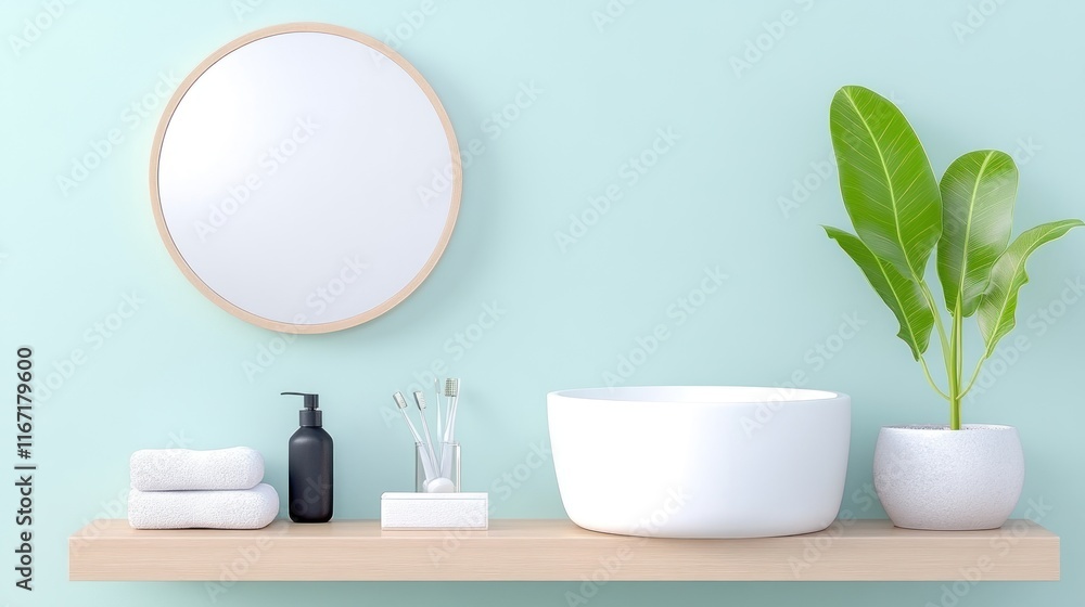 Modern bathroom shelf with mirror, plant, and toiletries. Modern bathroom shelf with mirror, plant, and toiletries.