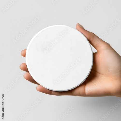 Hand holding a blank white round coaster mockup