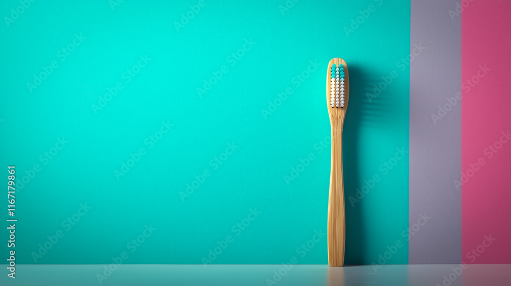 Wooden toothbrush standing against colorful wall with copy space Wooden toothbrush standing against colorful wall with copy space