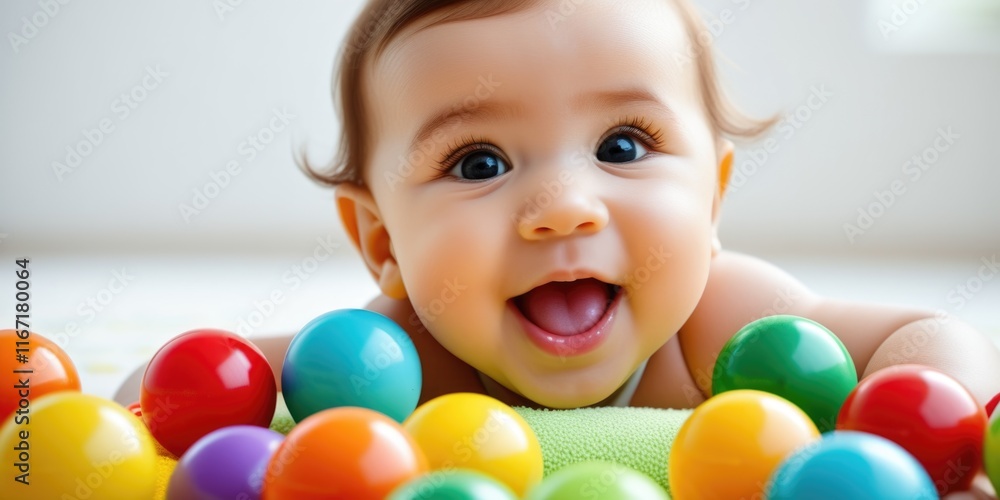 Obraz premium Adorable baby smiling with colorful toys displaying joy and innocence