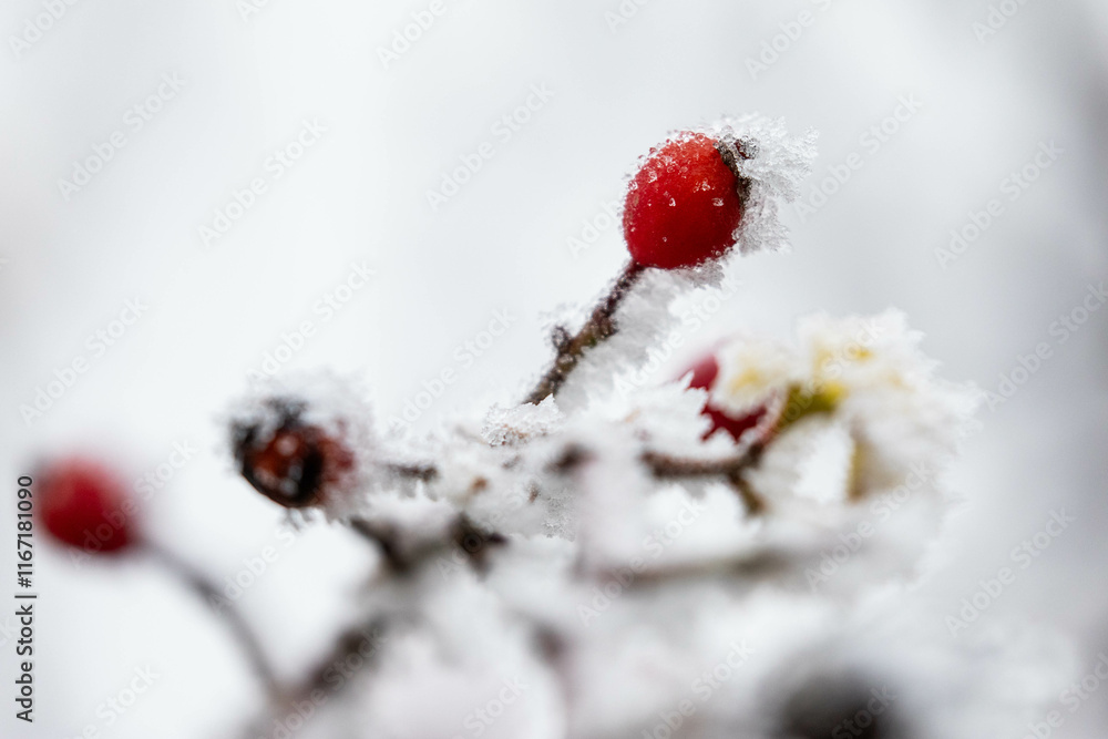 frozen rose hip on a cold foggy winter day frozen rose hip on a cold foggy winter day