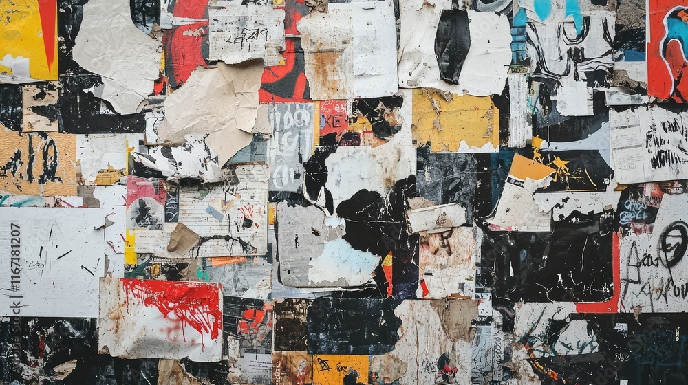 Fototapeta premium Colorful Urban Collage of Torn Posters and Paper on a Wall