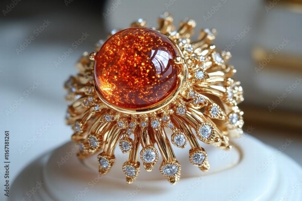 Golden Ring with Orange Gemstone and Diamonds Golden Ring with Orange Gemstone and Diamonds