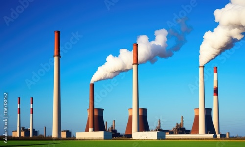 Industrial power plant with smokestacks emitting white smoke into clear blue sky photo