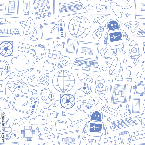 Technology doodles, cartoon elements monochrome seamless pattern for wallpaper, digital paper, scrapbooking, stationery, wrapping paper, etc. EPS 10