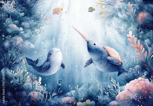 Underwater Scene with Narwhal Turtle and Marine Creatures in Whimsical Watercolor Style photo