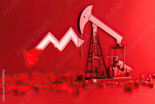 Oil industry crisis. Oil field on red. Oil pump next to the down arrow. Falling energy prices. Decrease in oil production levels.