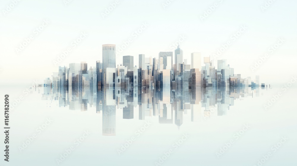 Fototapeta premium Futuristic Glass Cityscape: Reflecting Urban Complexity in 3D Render Artwork