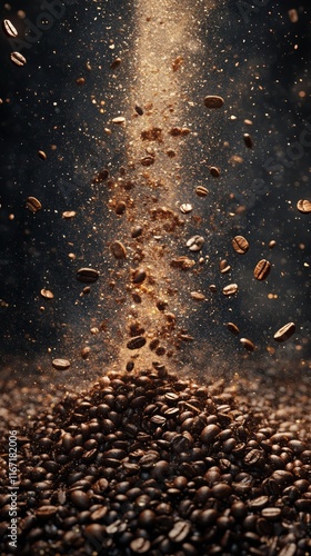Coffee beans floating in the air above a pile at a dark, atmospheric location