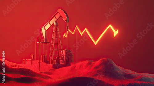 Oil industry crisis. Oil field on red. Oil pump next to the down arrow. Falling energy prices. Decrease in oil production levels.