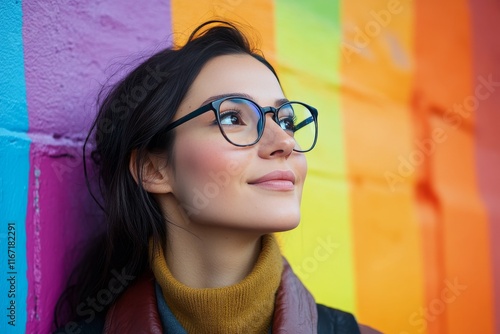 Young woman enjoying vibrant colors of urban mural in modern city