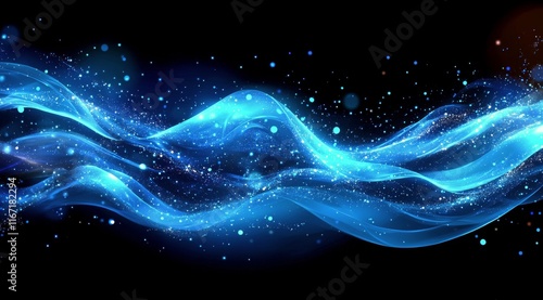 Dynamic blue waves flow gracefully against a dark backdrop with sparkling par...