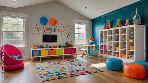 Kids’ playroom with colorful storage and playful designs.
