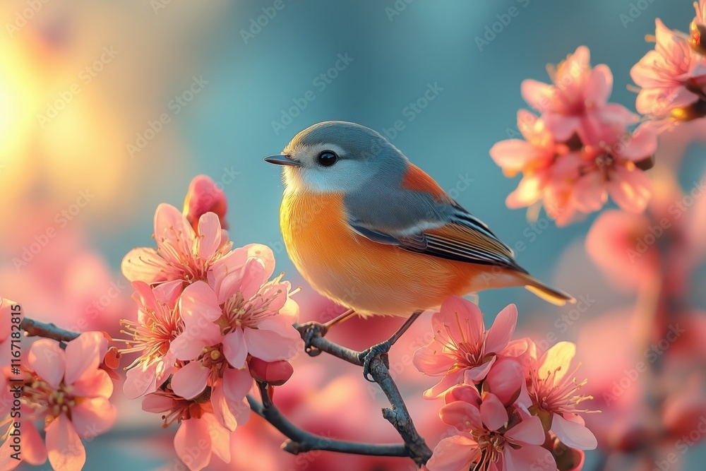 Farbenfrohe Vögel auf blühenden Ästen im Frühling Farbenfrohe Vögel auf blühenden Ästen im Frühling