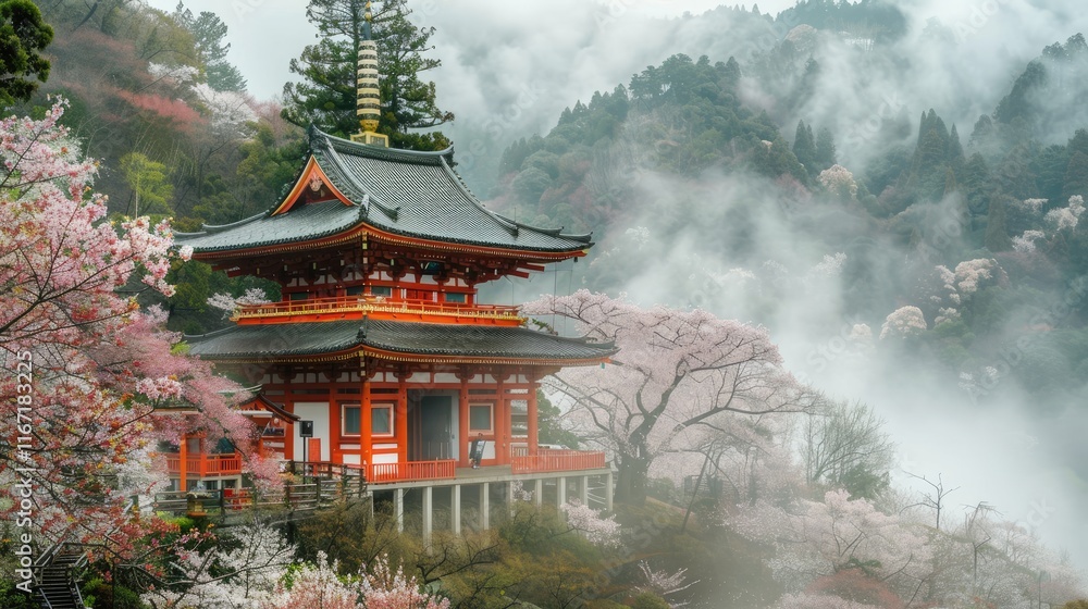 Obraz premium Beautiful antique Japanese temple with cherry blossom Chinese temple on a foggy mountain with sakura trees. technology.