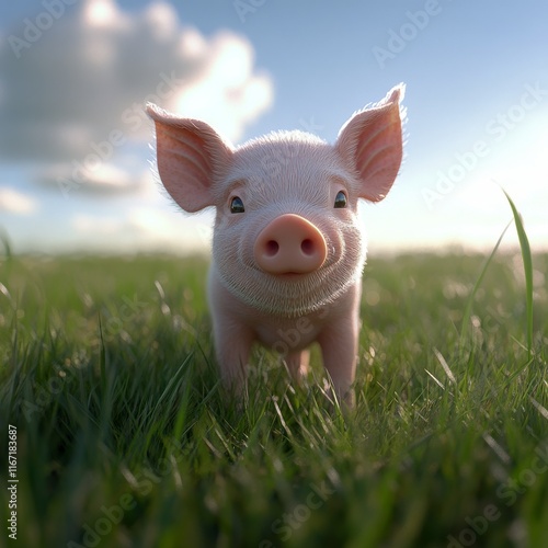 Cute piglet exploring a sunny green field during a bright afternoon