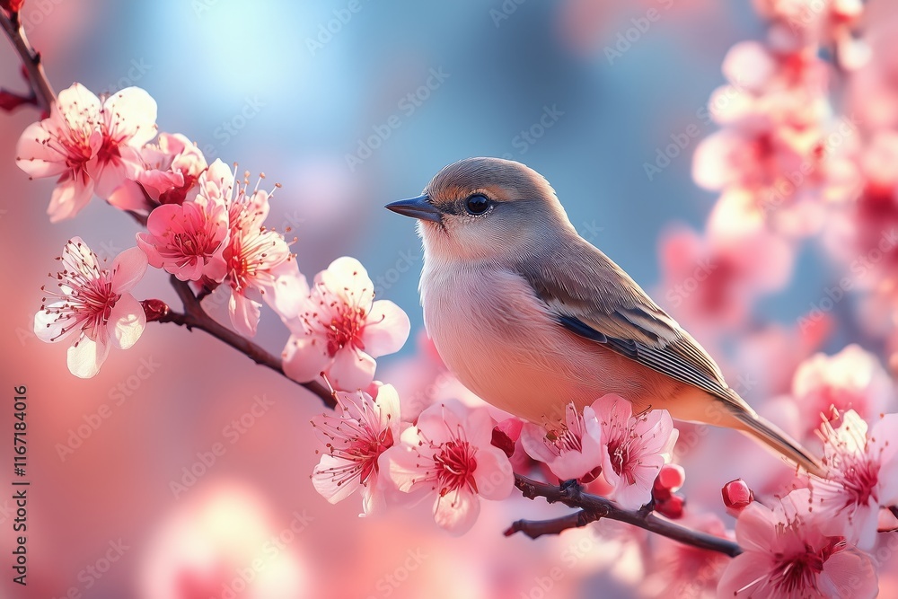 Fototapeta premium Farbenfrohe Vögel auf blühenden Ästen im Frühling