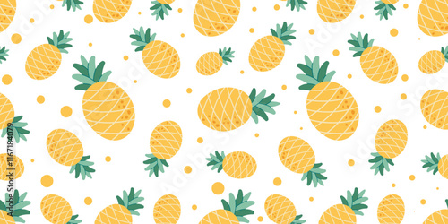 Yellow pineapples seamless pattern. Horizontal repeating pattern with ripe ananas. Vector illustration in doodle style isolated on white background