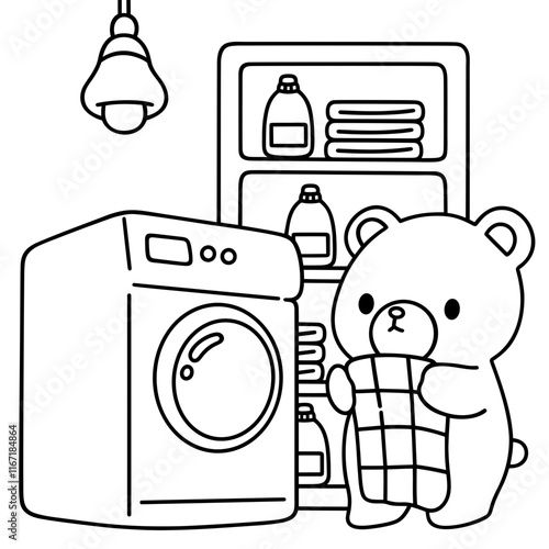 Little bear is washing, easy coloring for kids, vector, illustration
