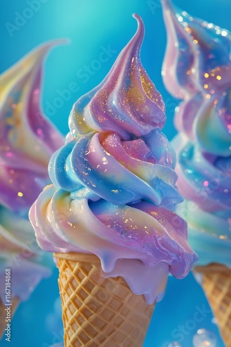 Colorful swirl ice cream cones displayed against a bright blue background