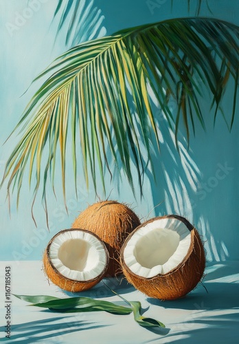 Fresh coconuts arranged on a marble surface with a soft blue background and o...