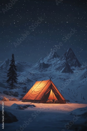 Snowy mountain campsite under a starry night sky with an orange tent illumina...