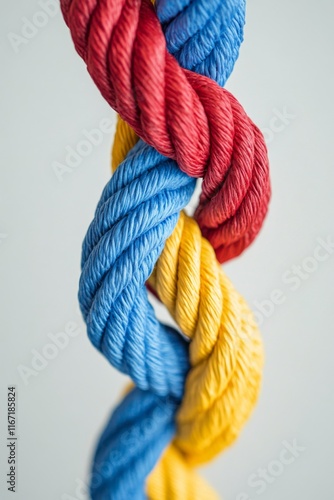 Colorful twisted rope showcasing vibrant red, blue, and yellow fibers in clos...