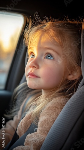 Young girl gazes outside with wonder while sitting in a vehicle on a sunny day