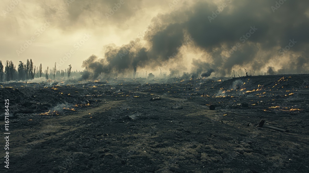 Fototapeta premium Desolate Landscape with Smoke and Ashes from Forest Fire