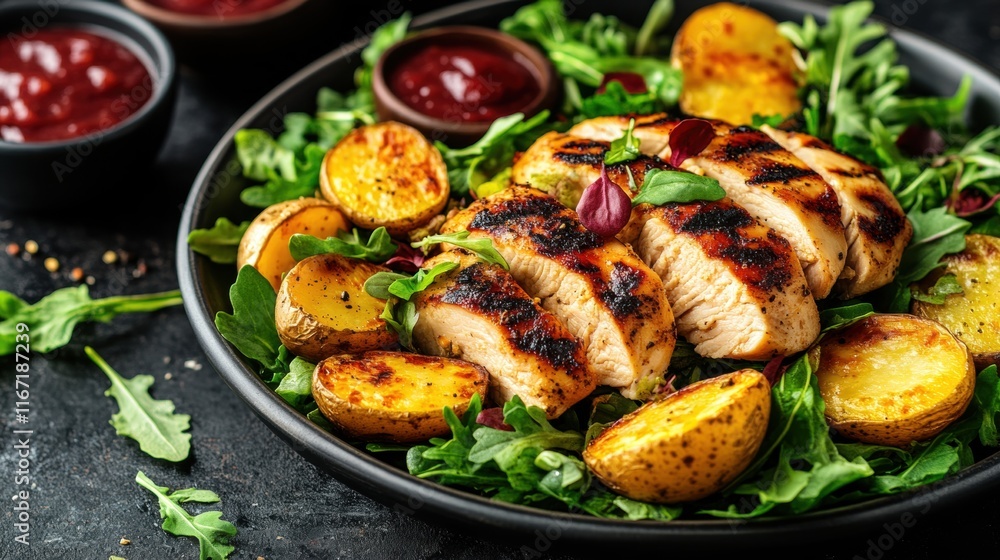 Grilled Chicken Salad with Roasted Potatoes and Red Sauce Grilled Chicken Salad with Roasted Potatoes and Red Sauce
