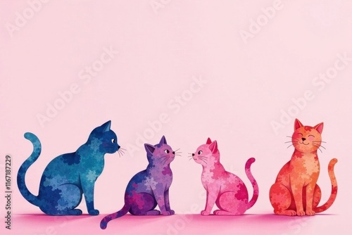 Playful watercolor cat silhouettes on a pastel pink background , adorable, nursery, watercolor