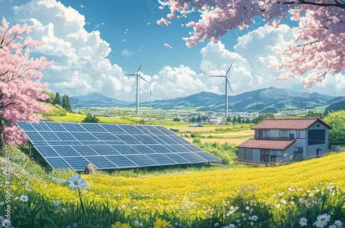 Solar panels and wind turbines near a house in a vibrant landscape with flowe...