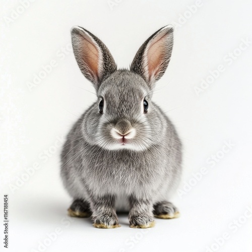 Cute gray rabbit sitting quietly on a white background with attentive express...