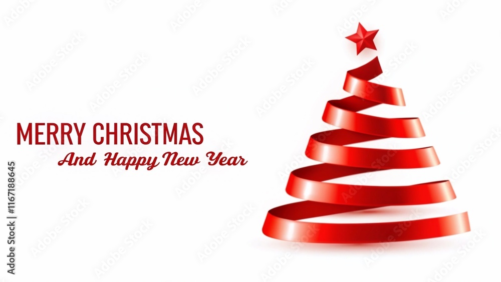 Red ribbon Merry Christmas tree, gift cover. Vector illustration