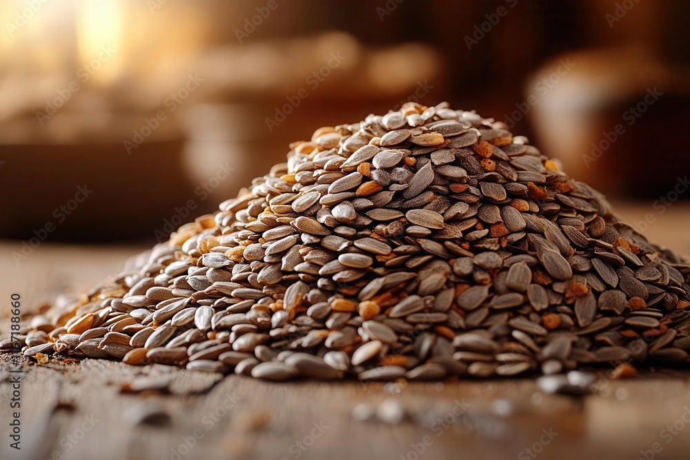 Obraz premium a rustic pile of sunflower seeds artistically arranged on a wooden table showcasing the natural beauty and texture of seeds inviting viewers to appreciate the simplicity of nature
