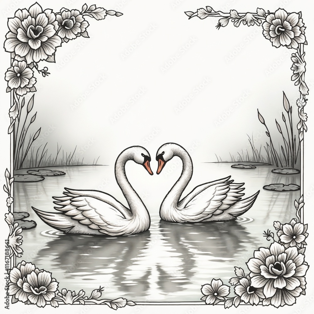 Obraz premium Print. Romantic Swans Forming Heart Shape in Serene Pond Setting with Vintage Border