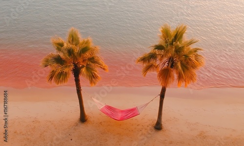Colorful hammock strung between palm trees right by the shoreline, calm sea, lazy tropical afternoon