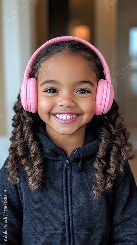 Young girl with pink headphones smiles joyfully against a weathered wooden wall